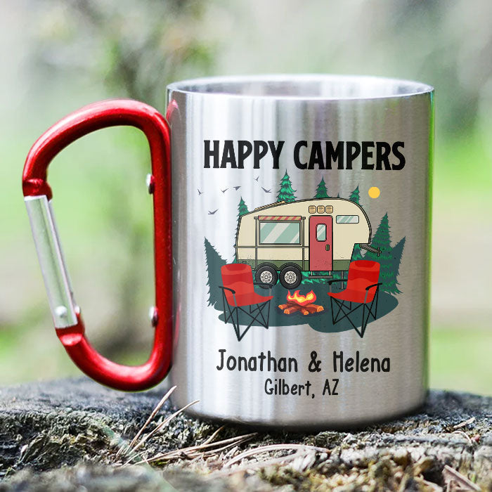 Happy Campers Outdoor Adventure - Personalized Carabiner Camping Mug - Gift For Camping Lovers