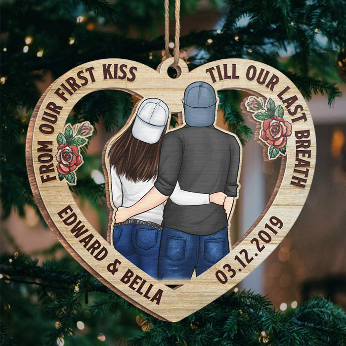 From Our First Kiss, My Love - Personalized Custom Heart Shaped Wood Christmas Ornament - Gift For Couple, Husband Wife, Anniversary, Engagement, Wedding, Marriage Gift, Christmas Gift