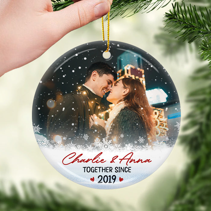 Together Since - Personalized Custom Round Shaped Ceramic Photo Christmas Ornament - Upload Image, Gift For Couple, Husband Wife, Anniversary, Engagement, Wedding, Marriage Gift, Christmas Gift