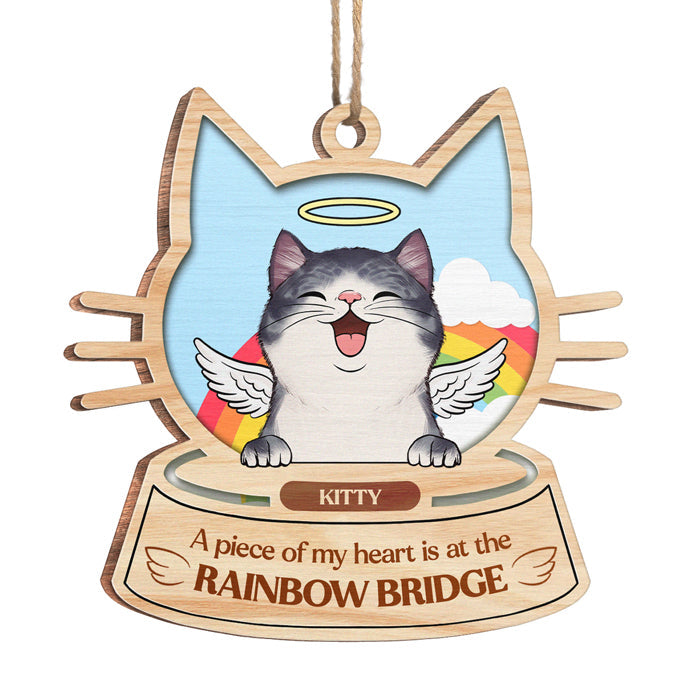 A Piece Of My Heart Is At The Rainbow Bridge - Personalized Custom Cat Face Shaped Wood Christmas Ornament - Upload Image, Memorial Gift, Sympathy Gift, Christmas Gift
