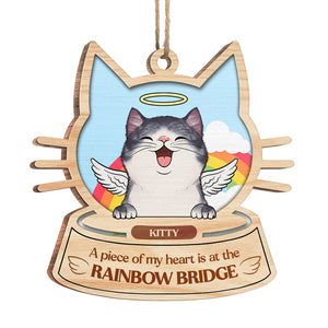 A Piece Of My Heart Is At The Rainbow Bridge - Personalized Custom Cat Face Shaped Wood Christmas Ornament - Upload Image, Memorial Gift, Sympathy Gift, Christmas Gift