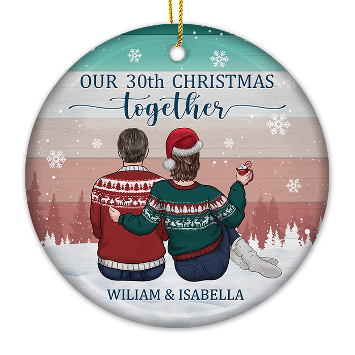We Celebrate Christmas Together - Personalized Custom Round Shaped Ceramic Christmas Ornament - Gift For Couple, Husband Wife, Anniversary, Engagement, Wedding, Marriage Gift, Christmas Gift