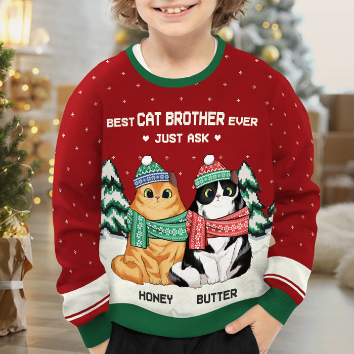 Best Cat Brother & Cat Sister Ever - Personalized Custom Unisex Ugly Christmas Sweatshirt, Wool Sweatshirt, All-Over-Print Sweatshirt - Gift For Cat Lovers, Pet Lovers, Christmas Gift