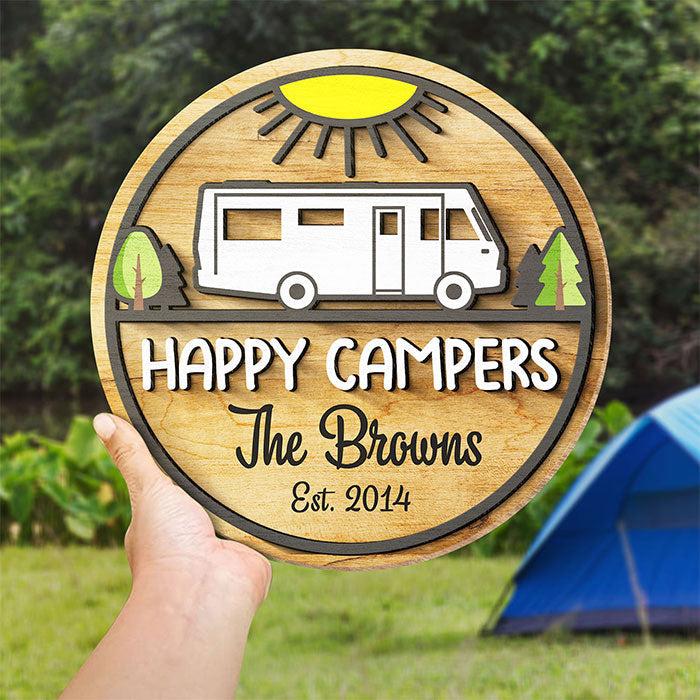 Family Happy Campers - Personalized Shaped Wood Sign, 2 Layers Sign - Gift For Camping Lovers