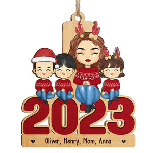 Mom And Kids Sitting Together 2023 - Family Personalized Custom Ornament - Wood Unique Shaped - Christmas Gift For Family Members