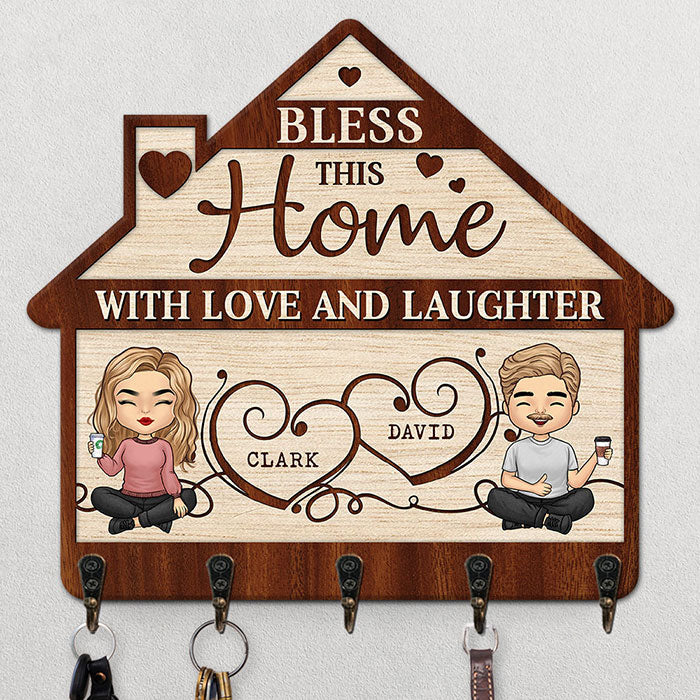 Bless This Home With Love And Laughter - Personalized Key Hanger, Key Holder - Gift For Couple, Husband Wife, Anniversary, Engagement, Wedding, Marriage Gift