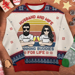 Husband And Wife Drinking Buddies For Life - Gift For Couples, Personalized Custom Unisex Ugly Christmas Sweatshirt, Wool Sweatshirt, All-Over-Print Sweatshirt