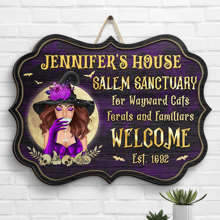 Salem Sanctuary For Wayward Cats, Ferals And Familiars - Personalized Witch Shaped Wood Sign - Gift For Witches, Gift For Yourself, Halloween Gift