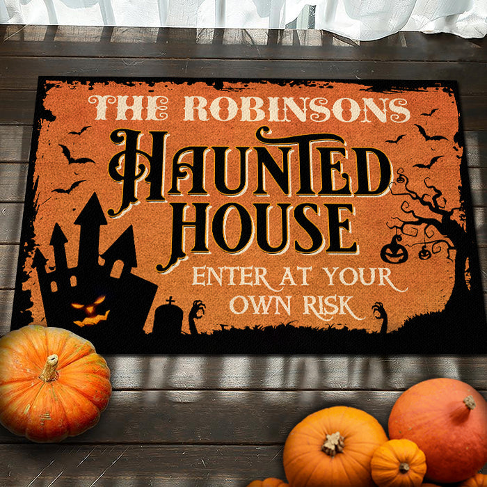 Enter At Your Own Risk - Personalized Decorative Mat, Halloween Ideas.