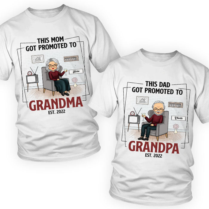 These Parents Got Promoted To Grandpa & Grandma - Personalized Matching Couple T-Shirt - Gift For Couple, Husband Wife, Grandparents