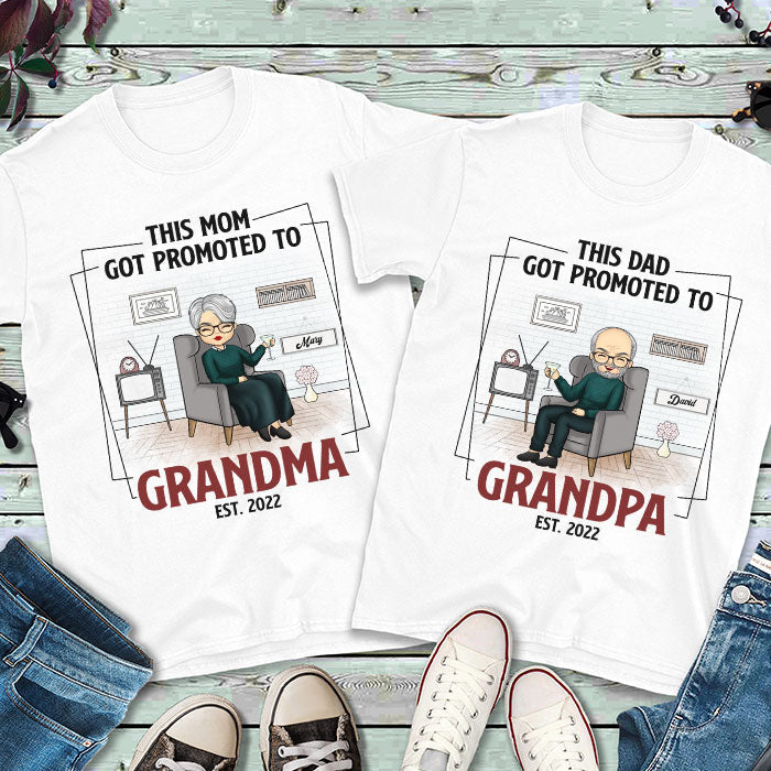 These Parents Got Promoted To Grandpa & Grandma - Personalized Matching Couple T-Shirt - Gift For Couple, Husband Wife, Grandparents