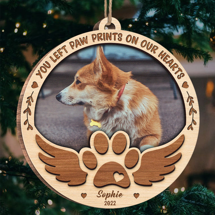 You Left Paw Prints On My Heart - Personalized Custom Snow Globe Shaped Wood Photo Christmas Ornament - Upload Image, Memorial Gift, Sympathy Gift, Christmas Gift
