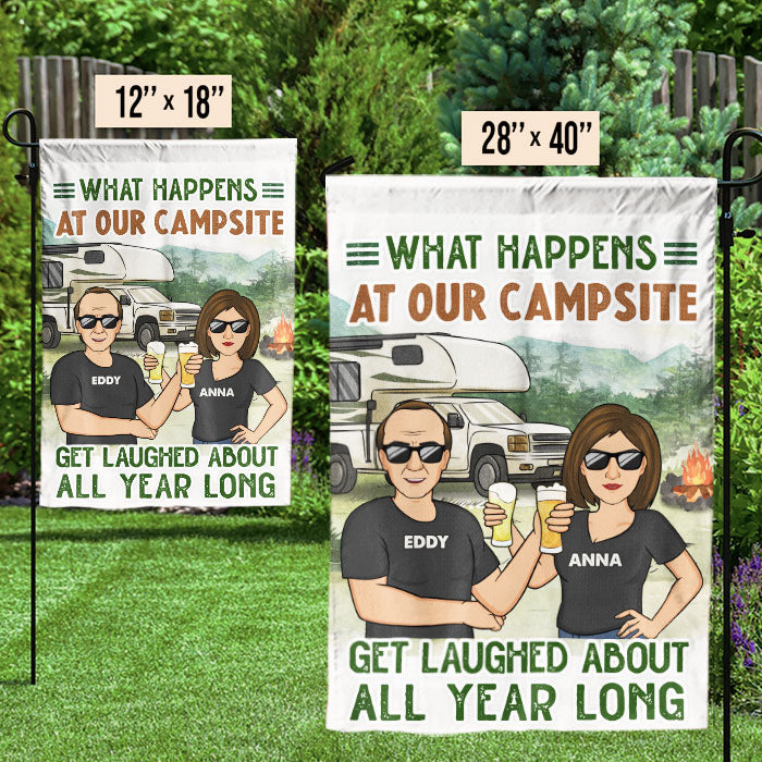 What Happens At Our Campsite - Personalized Flag - Gift For Camping Lovers