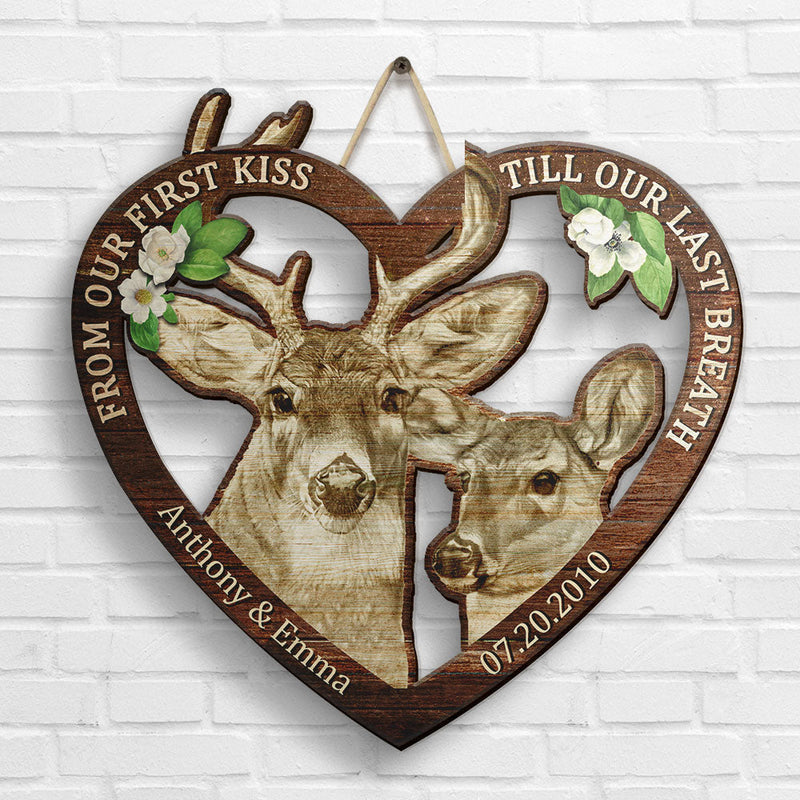 Buck & Doe Couple From Our First Kiss - Personalized Shaped Wood Sign - Gift For Couples, Husband Wife