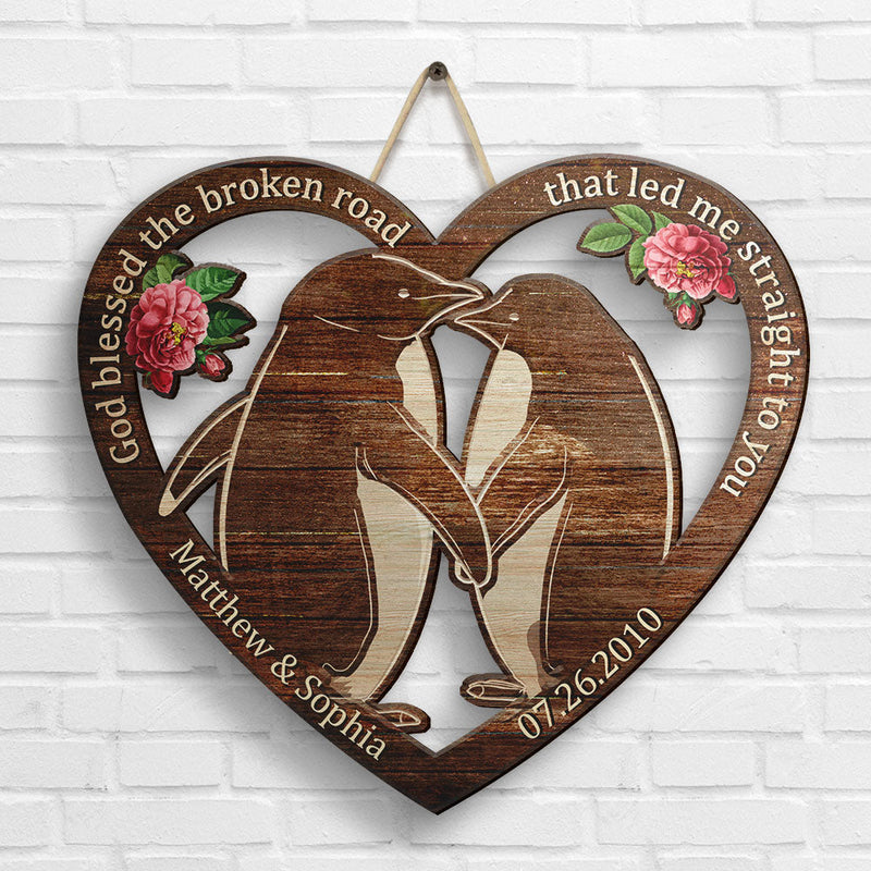 Penguin Couple Our First Kiss - Personalized Shaped Wood Sign - Gift For Couples, Husband Wife