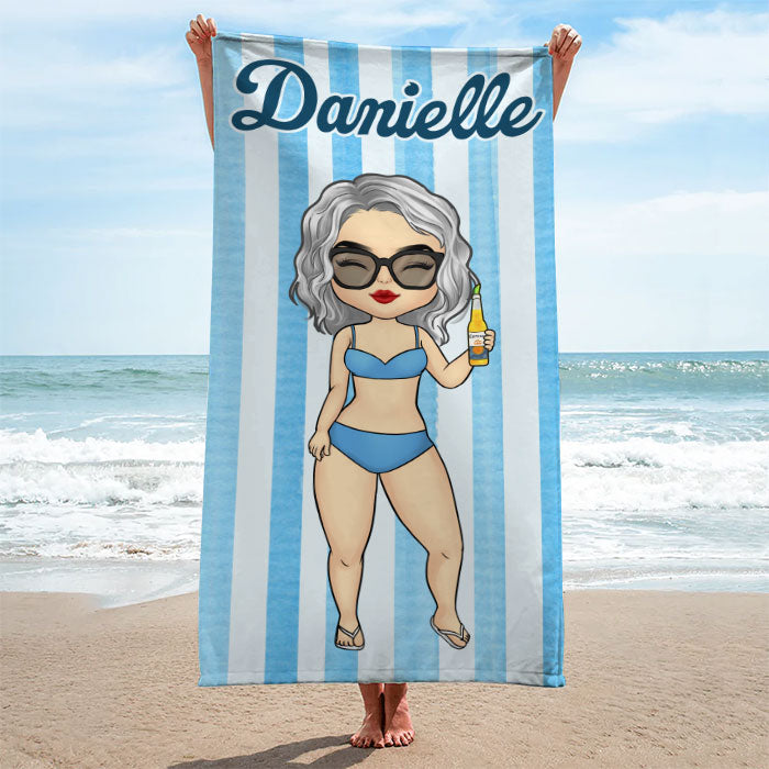 Stripe Pattern Chibi Summer Vacation - Personalized Beach Towel - Gift For Bestie