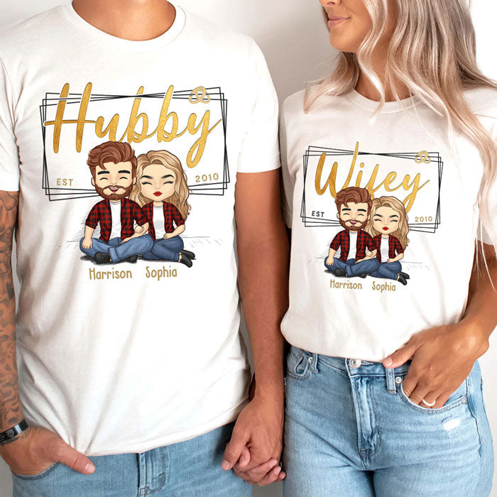 Hubby & Wifey Est Year - Personalized Matching Couple T-Shirt - Gift For Couple, Husband Wife, Anniversary, Engagement, Wedding, Marriage Gift
