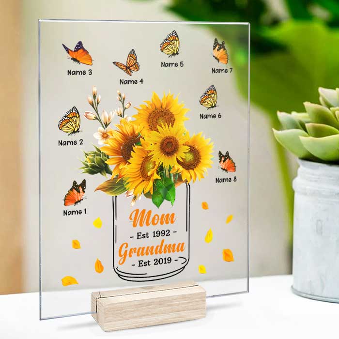 Sunflower Grandma Mom Loves Butterfly Kids  - Gift For Mom, Grandma - Personalized Acrylic Plaque
