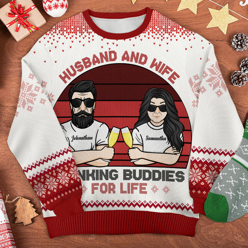 Husband And Wife Drinking Buddies - Gift For Couples, Personalized Custom Unisex Ugly Christmas Sweatshirt, Wool Sweatshirt, All-Over-Print Sweatshirt