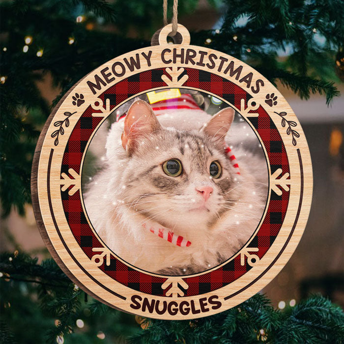 Merry Woofmas Meowy Christmas - Personalized Custom Round Shaped Wood Photo Christmas Ornament - Upload Image, Gift For Pet Lovers, Christmas Gift
