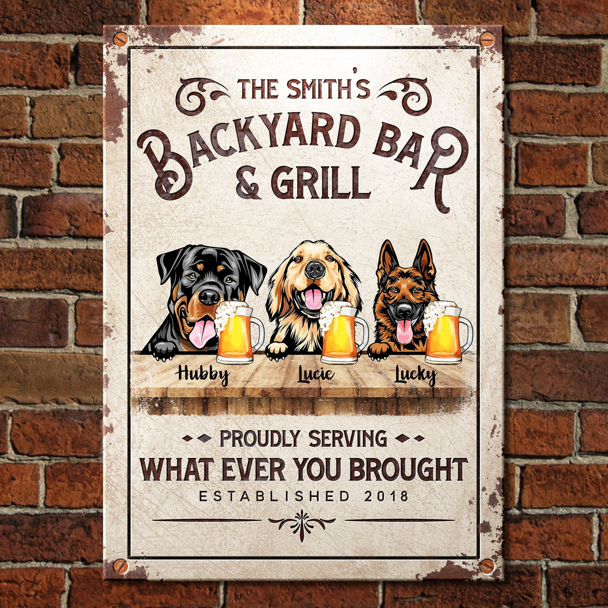 Family Backyard Bar & Grill - Funny Personalized Dog Metal Sign.
