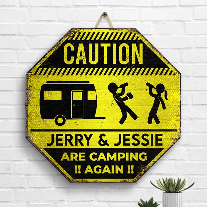 Camping Caution - Personalized Shaped Wood Sign - Gift For Camping Lovers