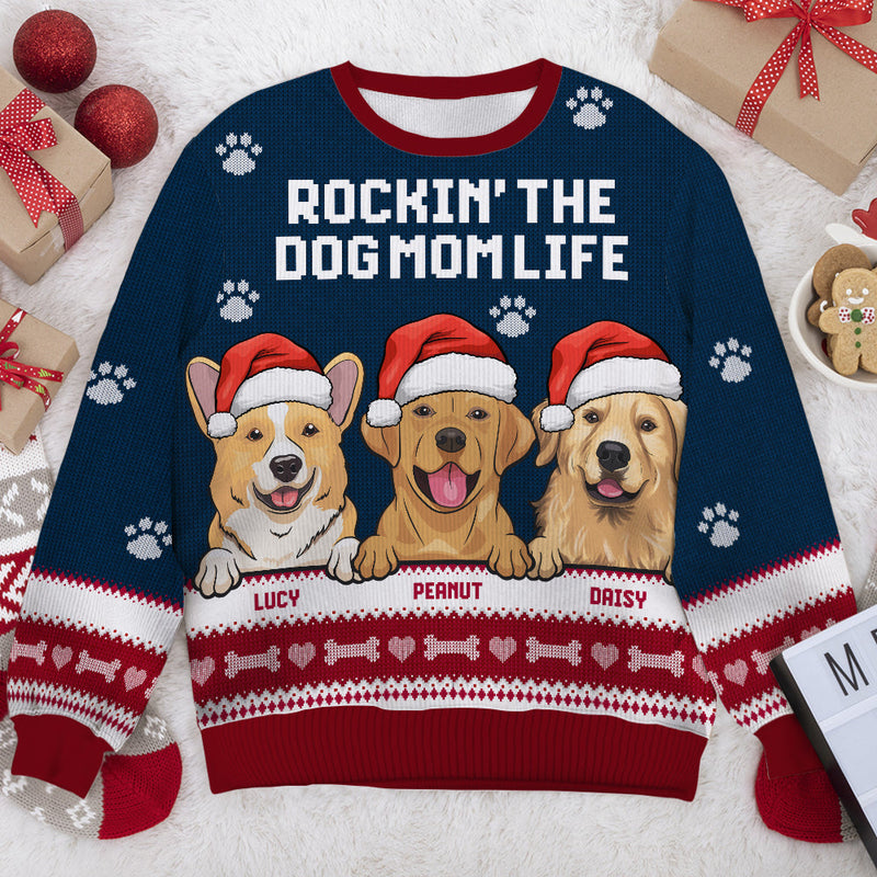 Rockin' The Dog Mom Life - Personalized Custom Unisex Ugly Christmas Sweatshirt, Wool Sweatshirt, All-Over-Print Sweatshirt - Gift For Dog Lovers, Pet Lovers, Christmas Gift