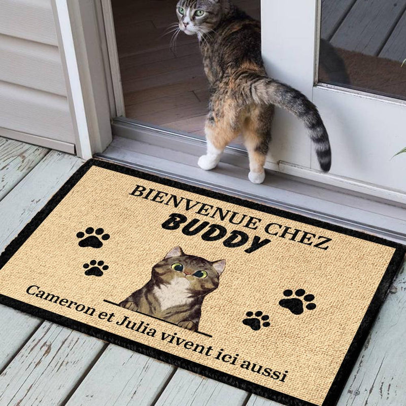 Bienvenue personnalisée à la Maison du Chat French- Funny Personalized Cat Decorative Mat