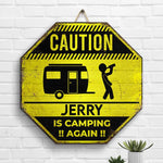 Camping Caution - Personalized Shaped Wood Sign - Gift For Camping Lovers
