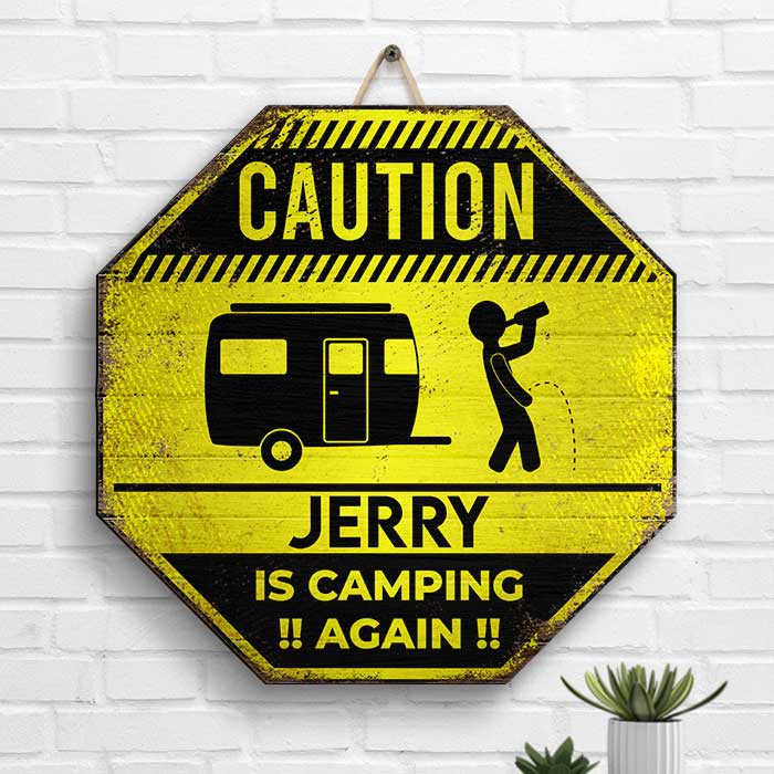 Camping Caution - Personalized Shaped Wood Sign - Gift For Camping Lovers