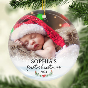 First Christmas - Personalized Custom Round Shaped Ceramic Photo Christmas Ornament - Upload Image, Gift For Family, Christmas Gift