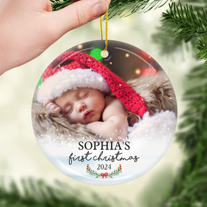 First Christmas - Personalized Custom Round Shaped Ceramic Photo Christmas Ornament - Upload Image, Gift For Family, Christmas Gift