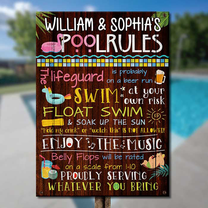 Family Pool Rules - Personalized Metal Sign - Gift For Couples, Husband Wife