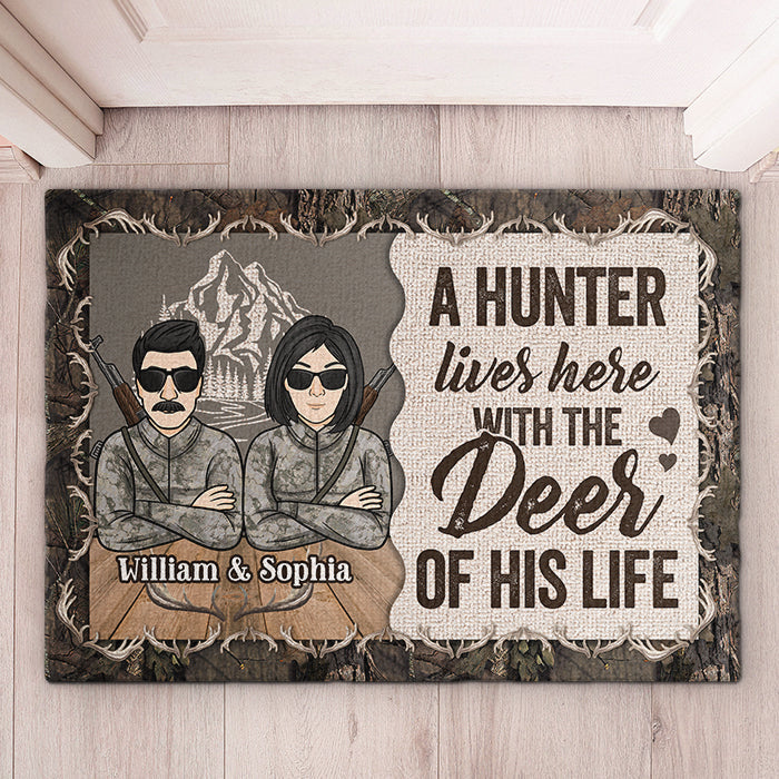 A Hunter Lives With The Deer Of His Life - Gift For Hunting Couples, Personalized Decorative Mat