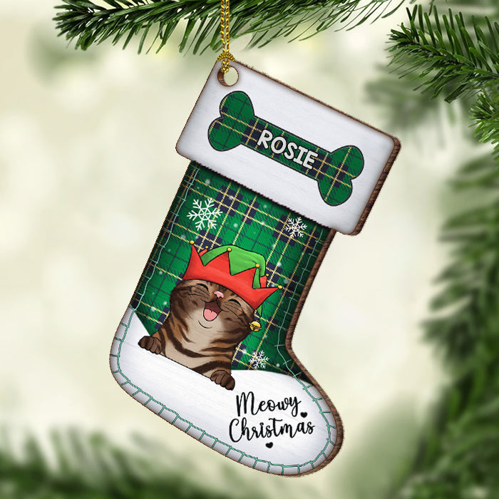 Merry Woofmas & Meowy Christmas - Christmas Dogs, Smiling Cats And Snow - Personalized Custom Stocking Shaped Wood Christmas Ornament, Customized Decoration Gift!