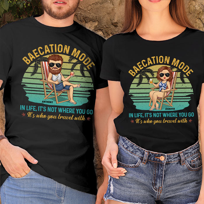 It's Not Where You Go, It's Who You Travel With - Personalized Matching Couple T-Shirt - Gift For Couple, Husband Wife, Anniversary, Engagement, Wedding, Marriage Gift