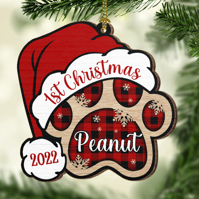 Dog Paw - Merry And Happy - Personalized Paw Shaped Wood Christmas Ornament