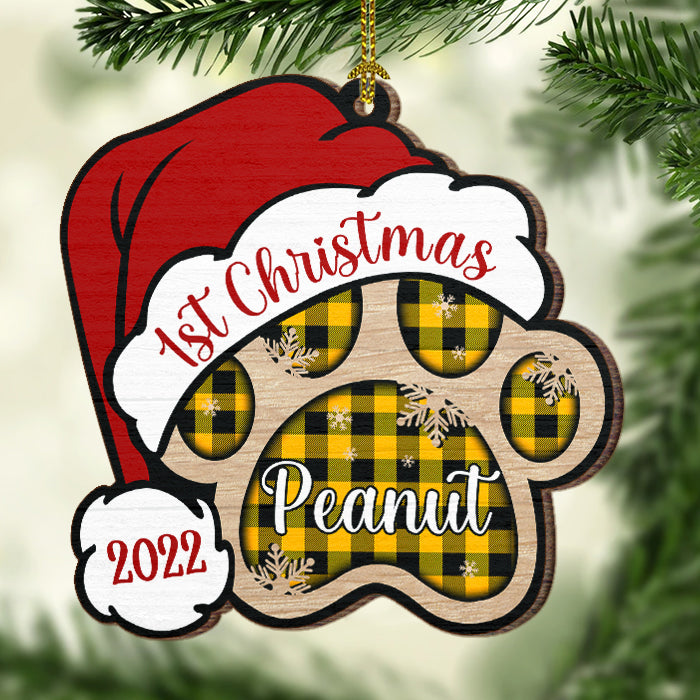 Dog Paw - Merry And Happy - Personalized Paw Shaped Wood Christmas Ornament