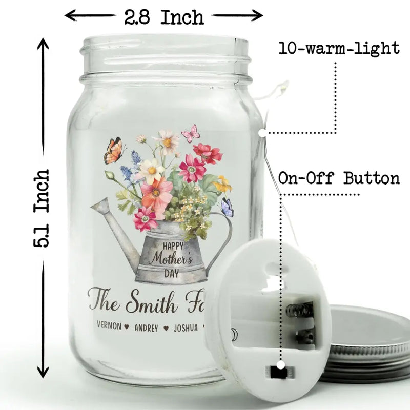 Flowers Garden - Family Personalized Custom Mason Jar Light - Mother's Day, Gift For Mom, Grandma