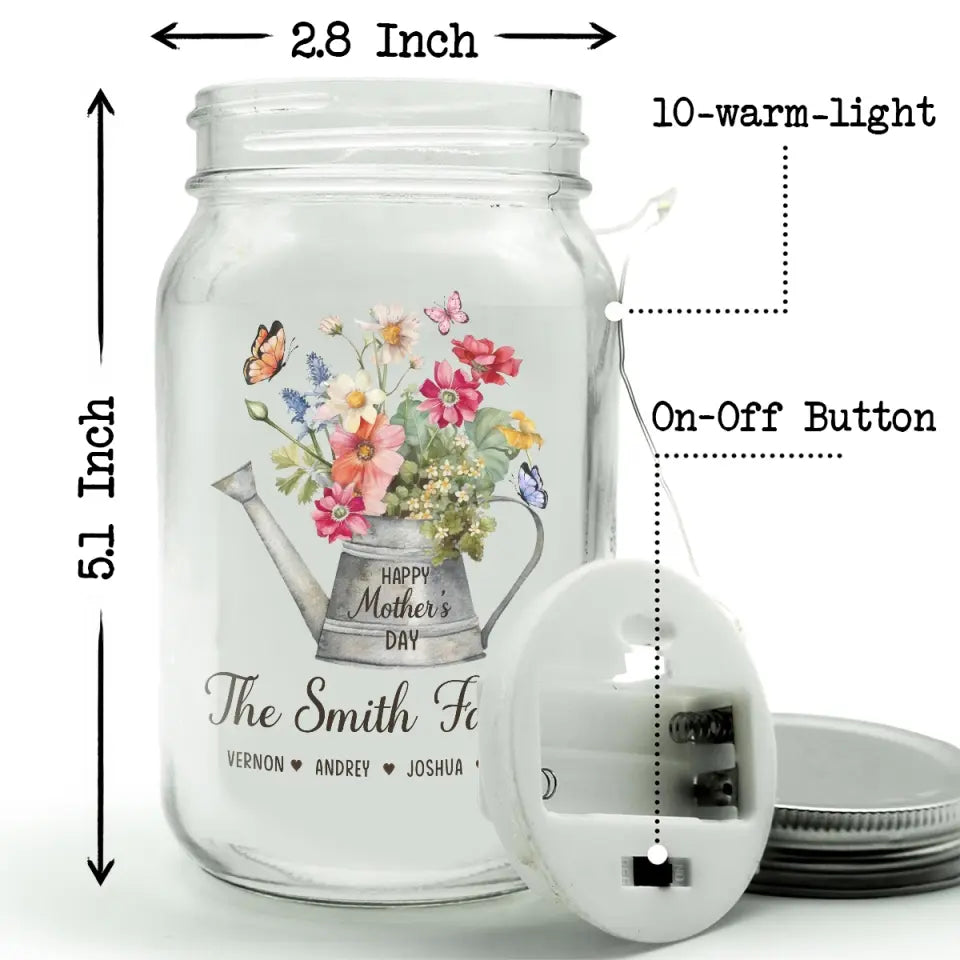 Flowers Garden - Family Personalized Custom Mason Jar Light - Mother's Day, Gift For Mom, Grandma