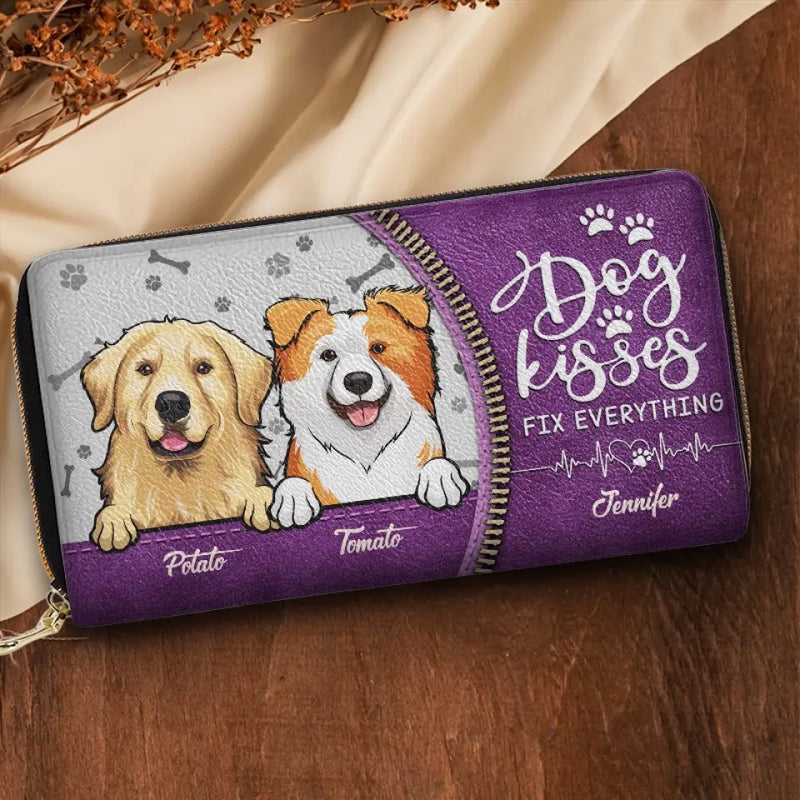 Dog Kisses Fix Everything - Dog & Cat Personalized Custom Leather Long Wallet - Gift For Pet Owners, Pet Lovers