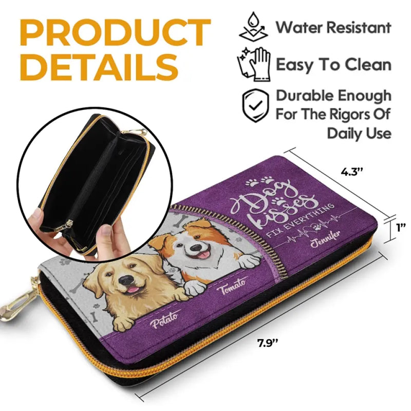 Dog Kisses Fix Everything - Dog & Cat Personalized Custom Leather Long Wallet - Gift For Pet Owners, Pet Lovers