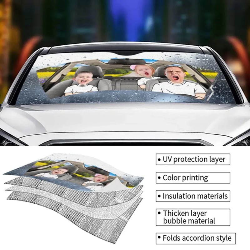 Custom Photo Four Wheels, One Family Bond - Family Personalized Custom Auto Windshield Sunshade, Car Window Protector - Gift For Dad, Kids