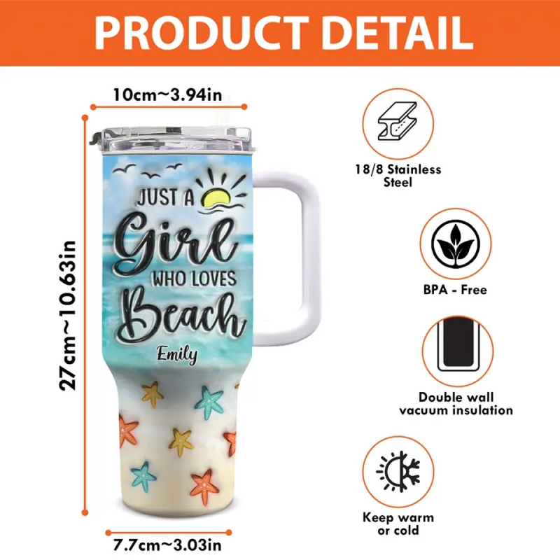 Smell The Sea And Feel The Sky, Let Your Soul & Spirit Fly - Bestie Personalized Custom 3D Inflated Effect Printed 40 Oz Stainless Steel Tumbler With Handle - Summer Vacation Gift For Bestie, Sisters, Best Friends