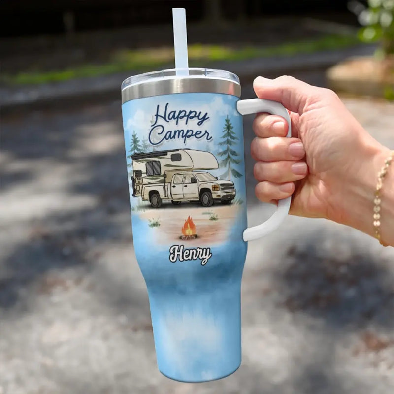 Life Is Better Around The Campfire - Camping Personalized Custom 40 Oz Stainless Steel Tumbler With Handle - Gift For Campers, RV Lovers