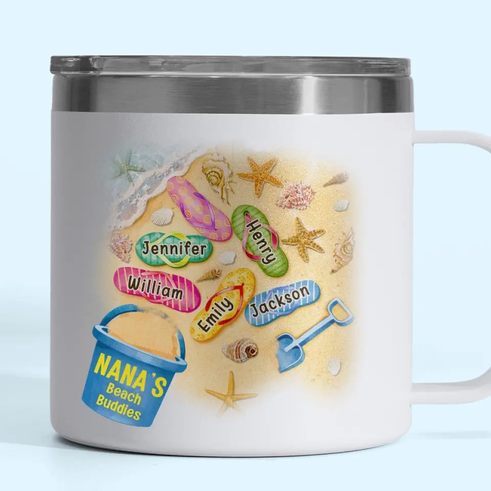 We Are Mom's Beach Buddies - Family Personalized Custom 14oz Stainless Steel Tumbler With Handle - Gift For Mom, Grandma