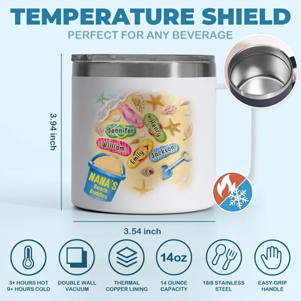 We Are Mom's Beach Buddies - Family Personalized Custom 14oz Stainless Steel Tumbler With Handle - Gift For Mom, Grandma