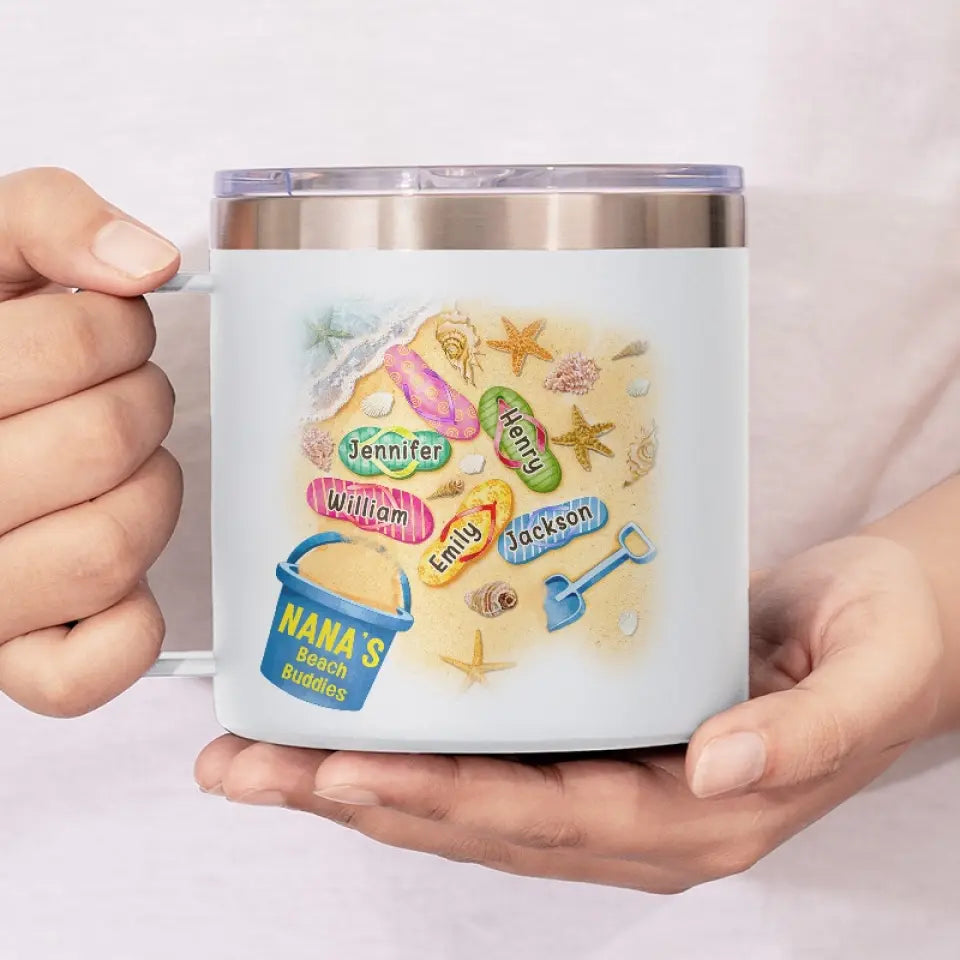 We Are Mom's Beach Buddies - Family Personalized Custom 14oz Stainless Steel Tumbler With Handle - Gift For Mom, Grandma