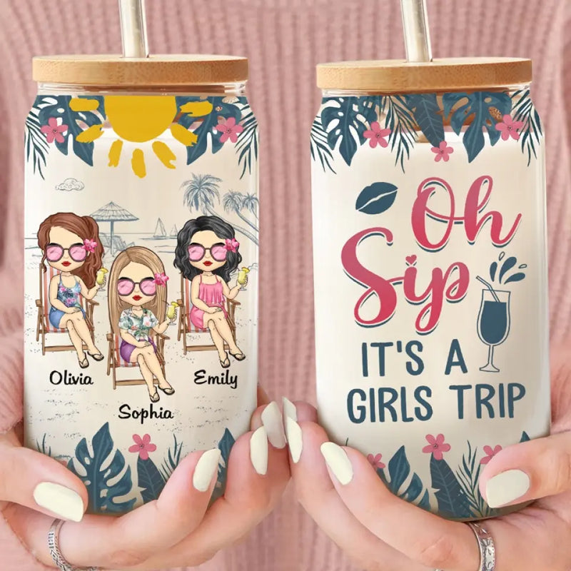 It's A Girls Trip - Bestie Personalized Custom Glass Cup, Iced Coffee Cup - Gift For Best Friends, Sisters
