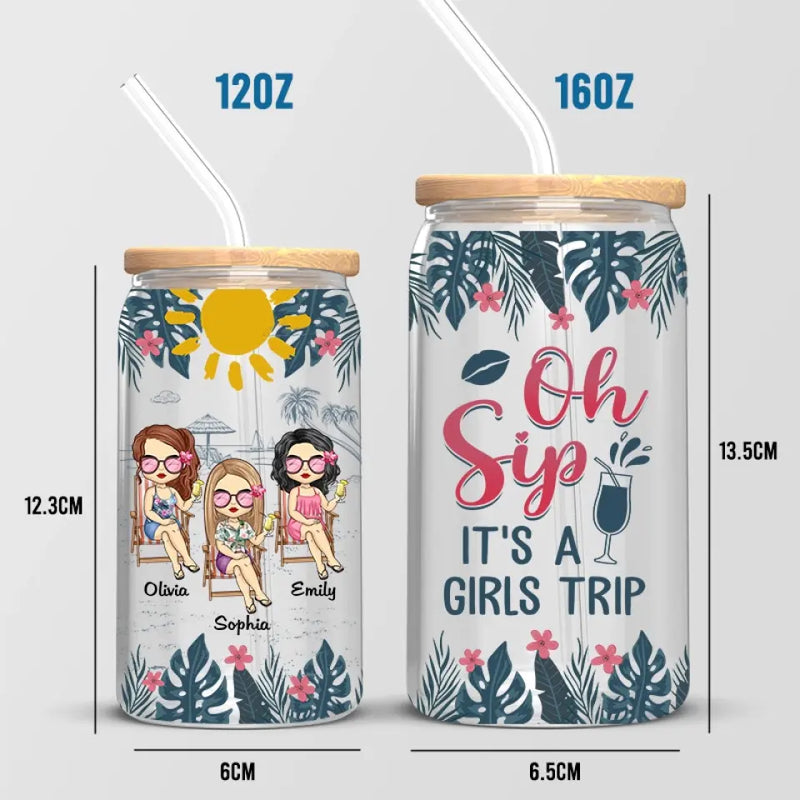 It's A Girls Trip - Bestie Personalized Custom Glass Cup, Iced Coffee Cup - Gift For Best Friends, Sisters